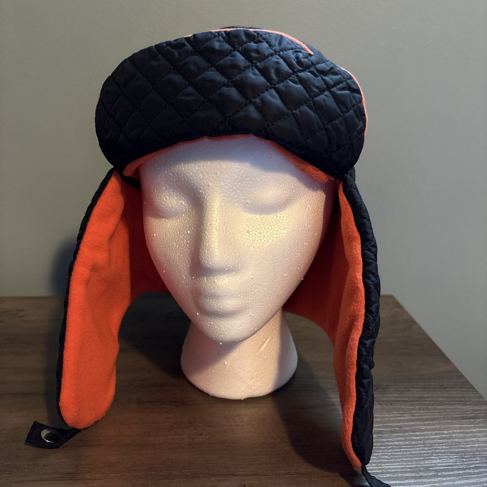 Lands End Black Orange Permaloft Lined Quilted Trapper Hat Mens L/XL NWOT